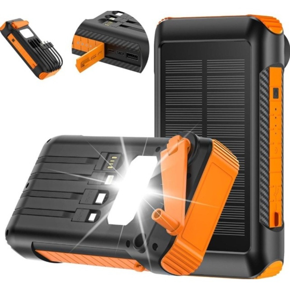 Solar Power Bank 20000mAh Orange Built in Hand‎ Crank 4 Cables 22.5W Fast Charge